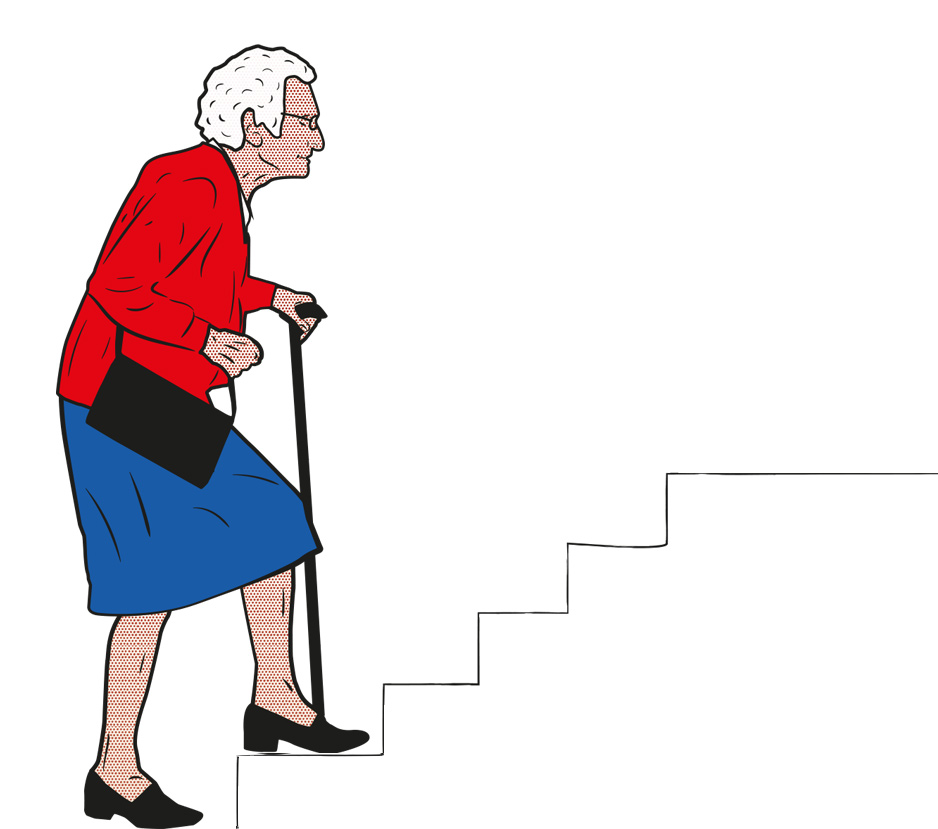 Alte Frau mit Osteoporose steigt eine Treppe hinauf